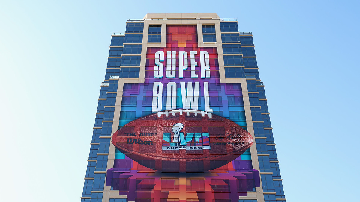 Super Bowl LVII logo is pictured on a building
