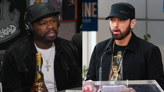 50 Cent in an interview with BigBoyTV and Eminem attending 50 Cent's Hollywood Walk of Fame ceremony