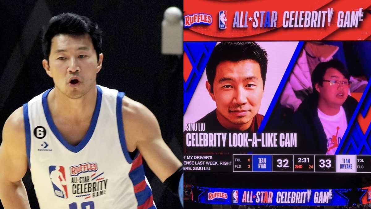 picture of Simu Liu featured in celeb look-a-like-cam segment at celeb all star game in Utah