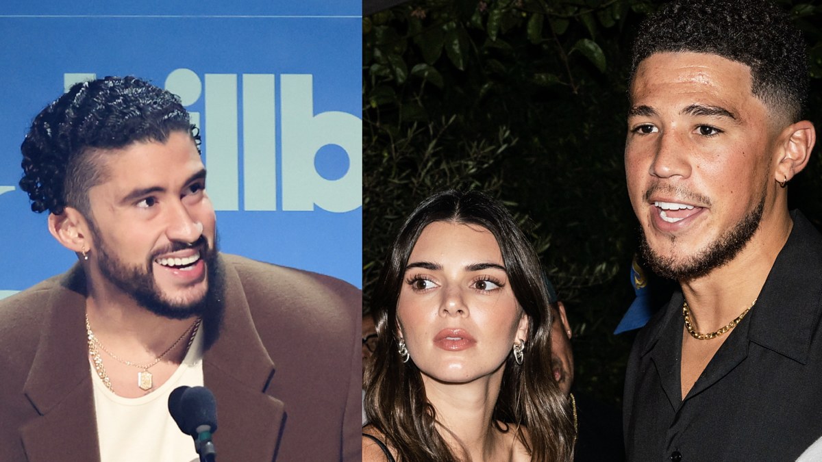 Split image of Bad Bunny, Kendall Jener, and Devin Booker.