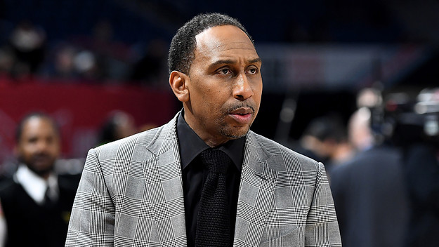 Stephen A. Smith looks on before the 2020 NBA All Star Celebrity Game