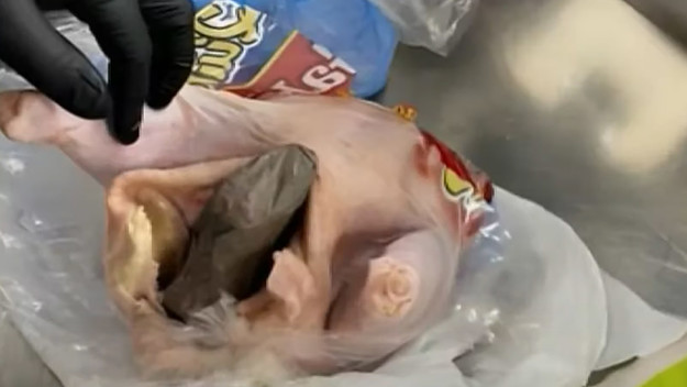 a screenshot that shows how TSA agents found a handgun inside a raw chicken