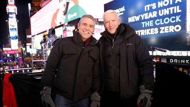 Andy Cohen and Anderson Cooper host CNN's New Year's Eve coverage at Times Square.