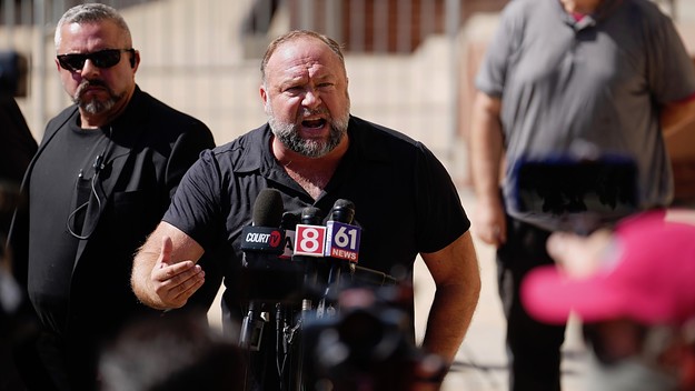 InfoWars founder Alex Jones speaks to the media