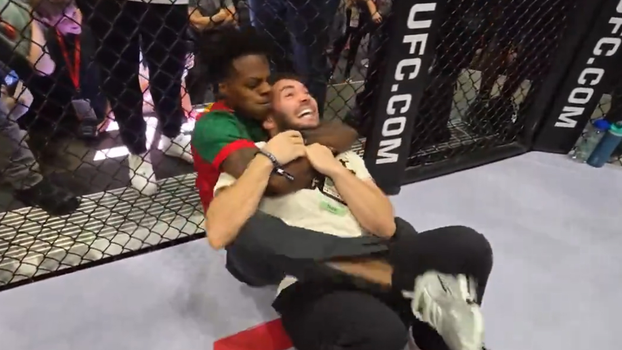 Streamers IShowSpeed and Adin Ross in a casual wrestling match.
