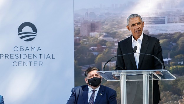 Barack Obama speaks  during a groundbreaking ceremony for the Obama Center