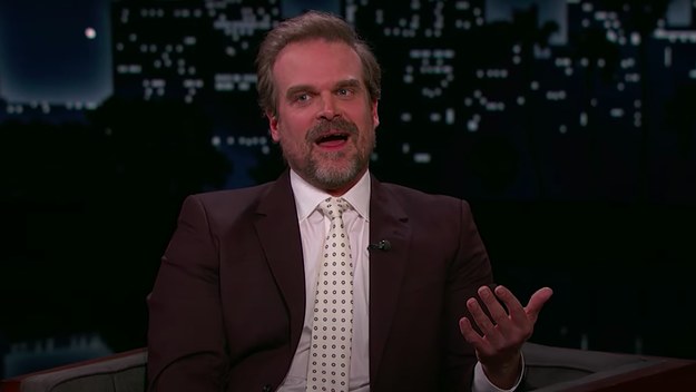 David Harbour is seen talking on Kimmels show