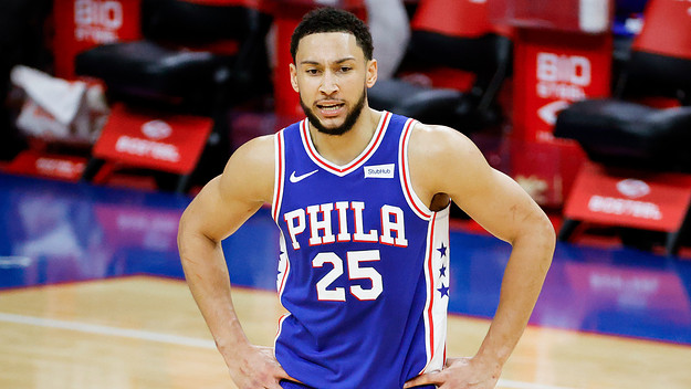 Ben Simmons calls to teammates during an NBA game.