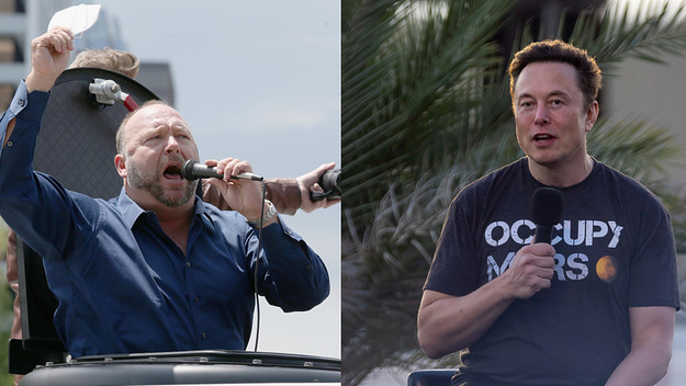 Alex Jones and Elon Musk are pictured