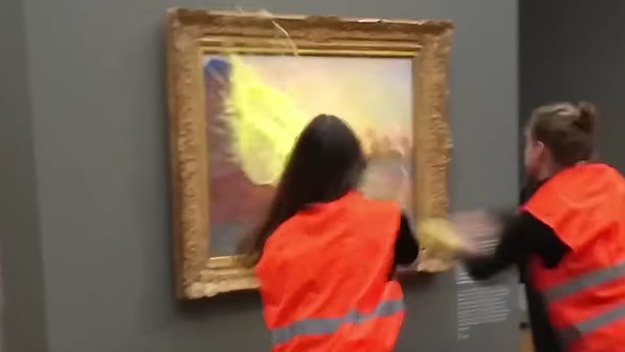 Screenshot from NBC News piece on Climate Activists Throw Mashed Potatoes At Monet Painting.