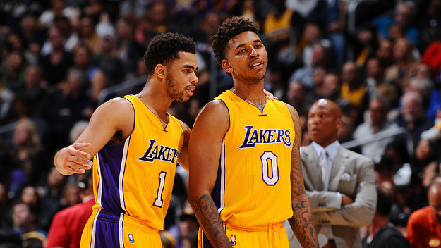 Nick Young and D'Angelo Russell during a Lakers game in 2016