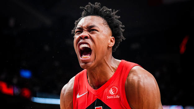 Scottie Barnes #4 of the Toronto Raptors celebrates against the Philadelphia 76ers during the second half of their basketball game at the Scotiabank Arena on April 7, 2022 in Toronto, Ontario, Canada