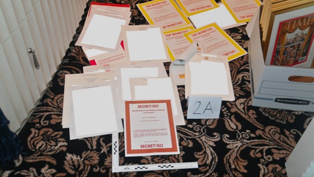 A photo from the DOJ of documents at Trump estate