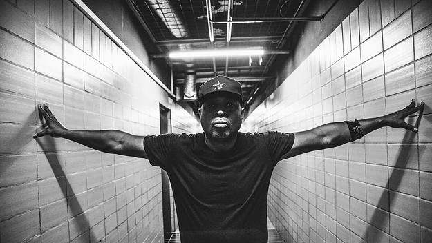 Public Enemy's Chuck D posing in a hallway