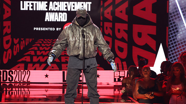 Kanye West speaks onstage during the 2022 BET Awards at Microsoft Theater on June 26, 2022