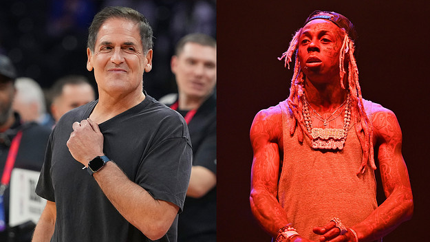 Mark Cuban and Lil Wayne in a side by side split image