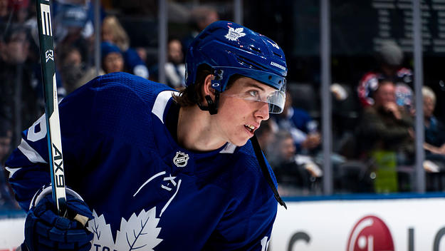 Mitch Marner of the Toronto Maple Leafs warms up