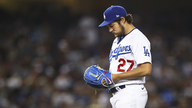 Trevor Bauer #27 of the Los Angeles Dodgers pitches