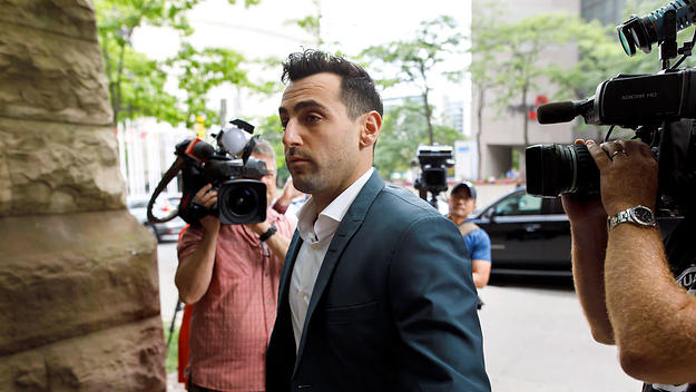 Singer Jacob Hoggard arrives at a Toronto courthouse for the second day of his preliminary hearing to determine if his sexual assault case goes to trial