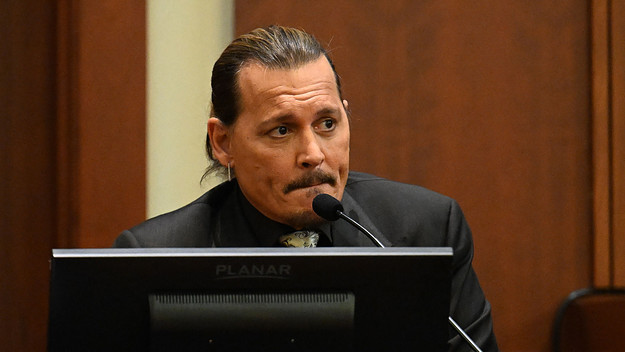 US actor Johnny Depp testifies during his defamation trial in the Fairfax County Circuit Courthouse in Fairfax, Virginia