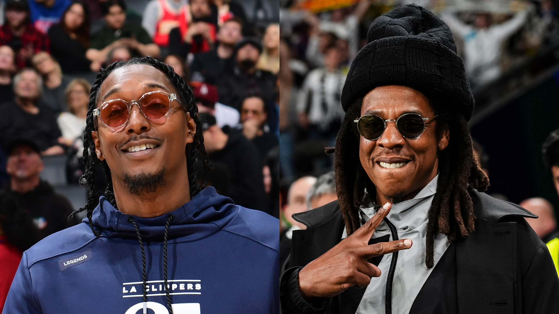 Lou Williams and Jay-Z at separate sporting events.