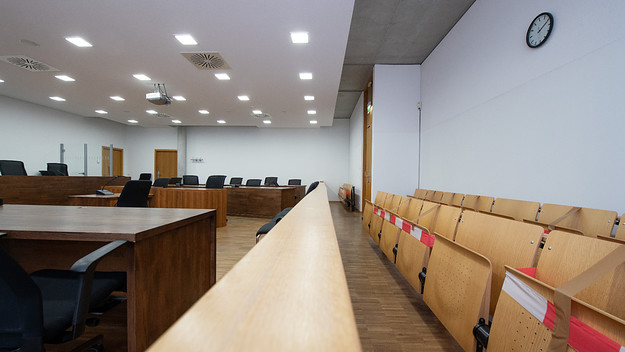 Empty courtroom at the Justice Center.
