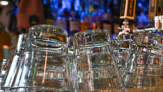Glasses inside a bar in downtown Edmonton.