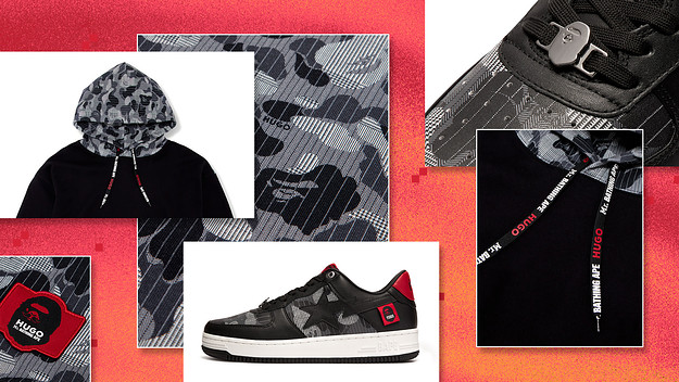 HUGO x Mr. Bathing Ape® Camouflage Hoodie and Bapesta Sneakers Header Image