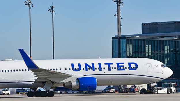 A United Airlines passenger aircraft stands at the capital's BER airport.