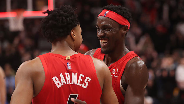 Toronto Raptors forward Scottie Barnes (4) and Toronto Raptors forward Pascal Siakam (43) celebrate