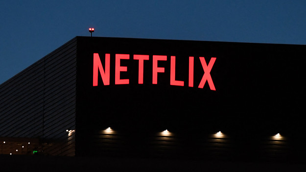 The Netflix logo is seen on the Netflix, Inc. building.