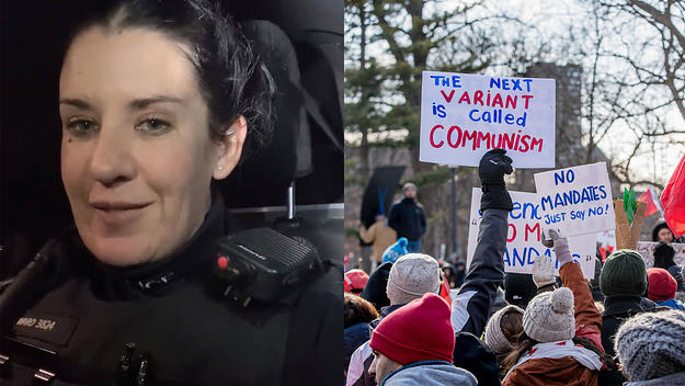 Protesters hold flags during the Anti-Vaccine Mandate rally. Protesters gathered in Queens Park, Toronto