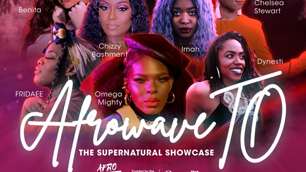 A poster for the AFROWAVETO Supernatural Showcase event, featuring the 8 artists performing the event.
