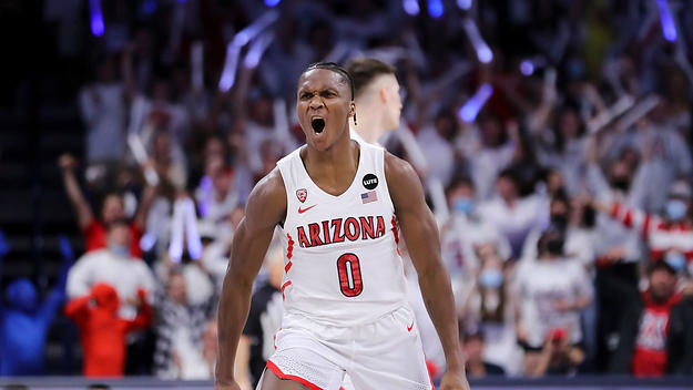 Guard Bennedict Mathurin #0 of the Arizona Wildcats roars during the game against the Oregon Ducks
