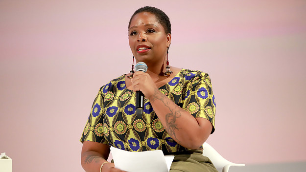 Patrisse Cullors is pictured speaking at an event
