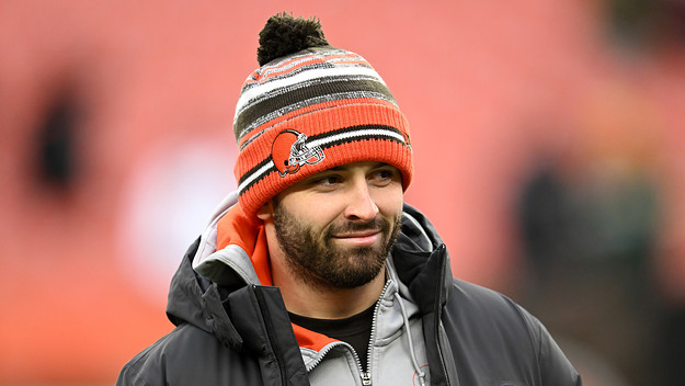Baker Mayfield #6 of the Cleveland Browns looks on during warm-ups.