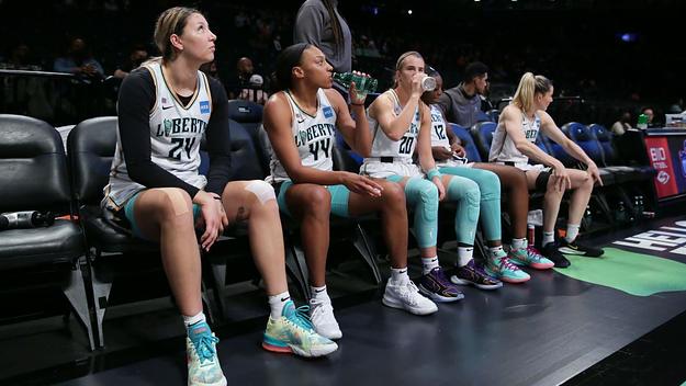 The New York Liberty bench looks on during the game against the Washington Mystics on July 3, 2021