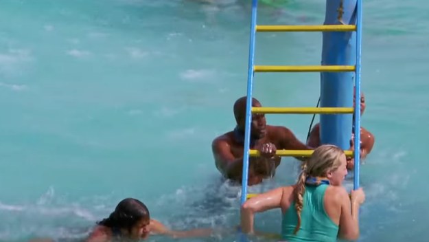 Scene from challenge in 'Survivor' that was halted by host Jeff Probst and producers.
