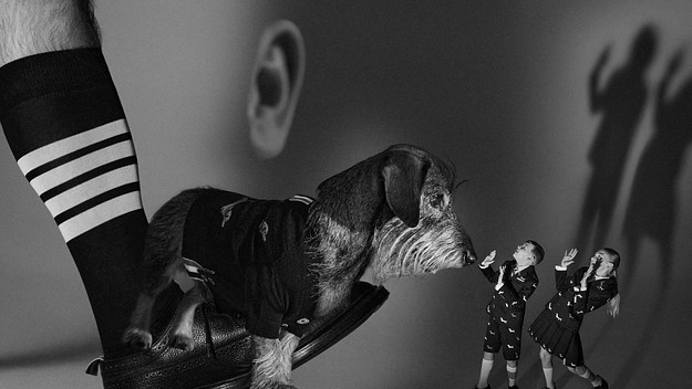 Models and a dog are pictured in a new campaign from Thom Browne