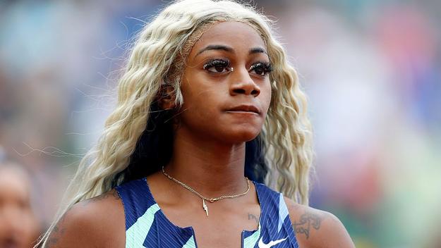 Sha'Carri Richardson reacts after finishing last in the 100m race