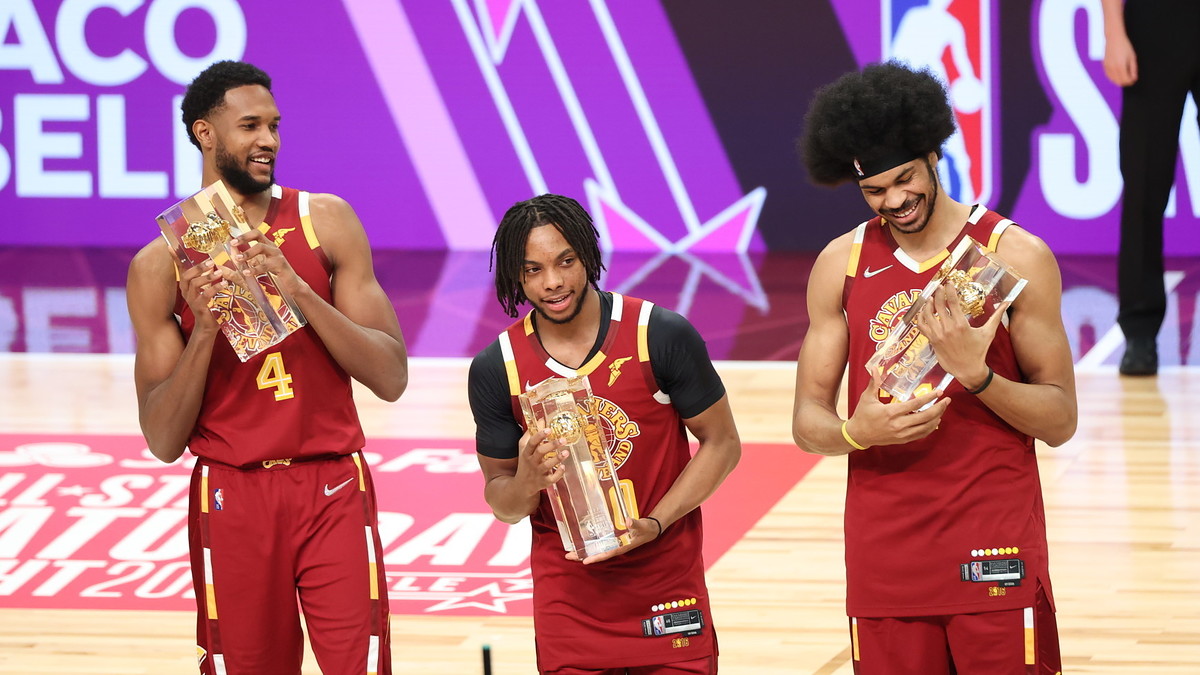 Evan Mobley, Darius Garland, and Jarrett Allen in the 2022 NBA All-Star Skills Challenge
