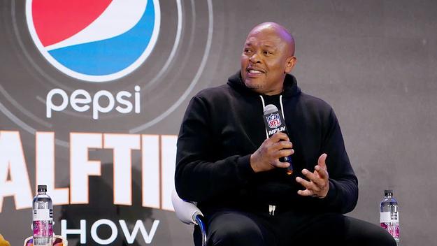 Dr. Dre speaks during the Pepsi Super Bowl LVI Halftime Show Press Conference
