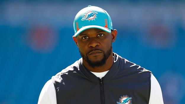 Head coach Brian Flores of the Miami Dolphins looks on against the Baltimore Ravens