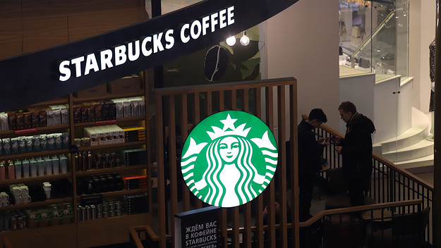 Logo of Starbucks coffee is seen at Galeria Shopping and Entertainment Centre in Russia