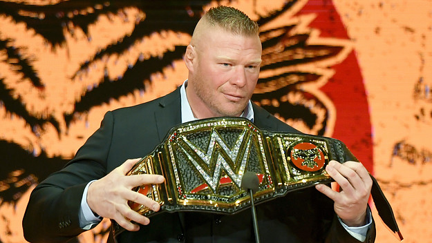 WWE champion Brock Lesnar is introduced at a WWE news conference at T-Mobile Arena