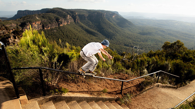Jack O'Grady grinds a kink rail in the Blue Mountains for the Pass~Port x Nike SB Dunk High