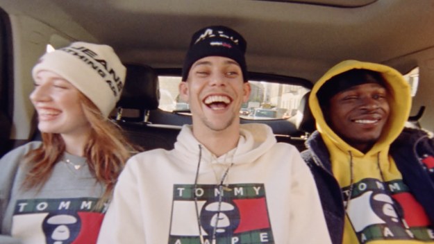 Models are shown wearing Tommy and AAPE pieces
