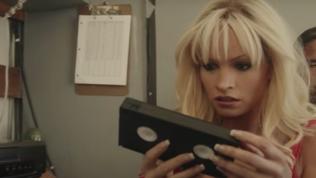 Lily James is seen as Pam Anderson in this still.