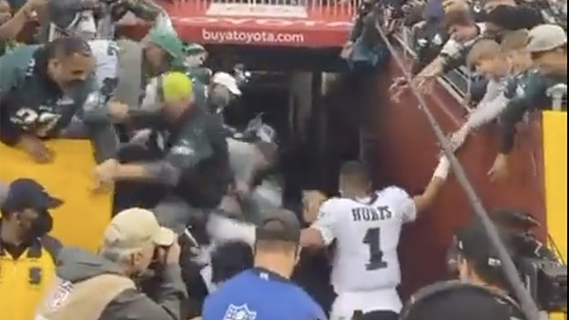 jalen hurts fan fall railing
