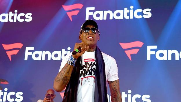 Dennis Rodman speaks onstage at Mike Rubin's Fanatics Super Bowl Party